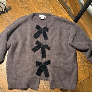 Bow-Accent Fuzzy Cardigan Sweater - brown